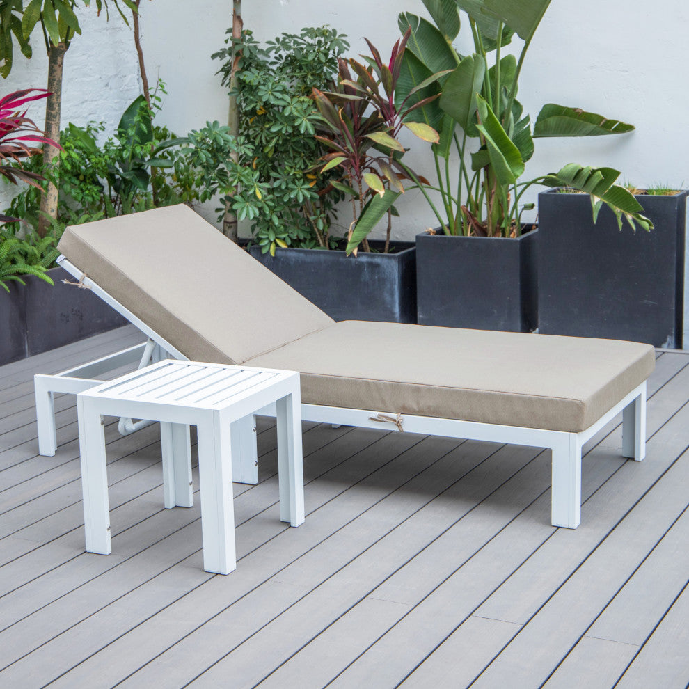 Chelsea White Chaise Lounge Chairs With Side Table, Beige