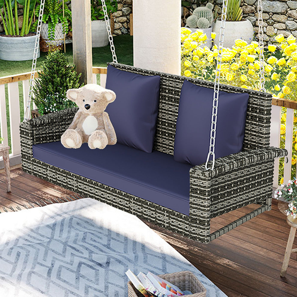 2-Person Wicker Hanging Rattan Porch Swing, Chains, Cushion, and Pillow, Gray Wicker