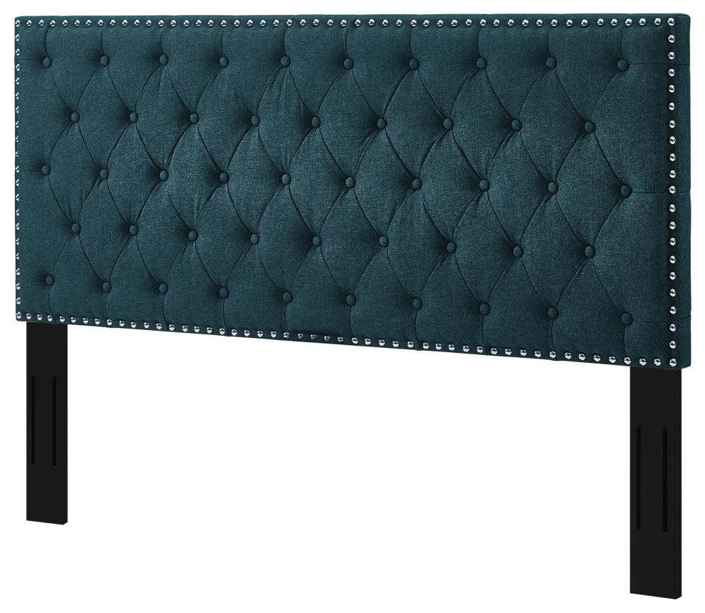 Contemporary Modern Full and Queen Size Tufted Headboard, Fabric, Navy Blue