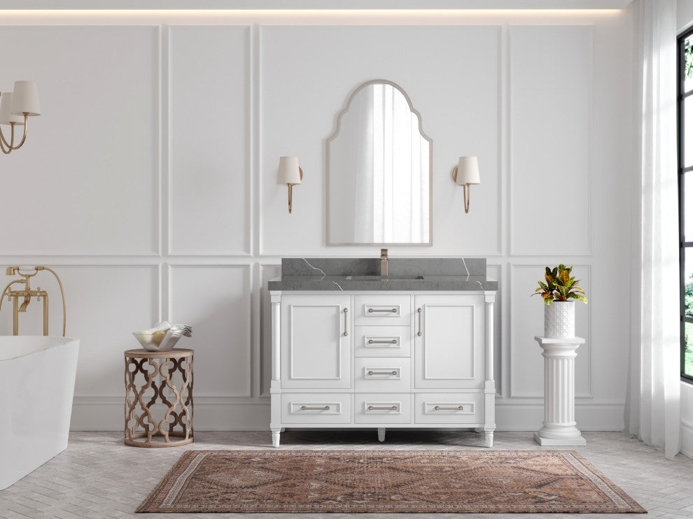 Aberdeen 48 Single Sink Bath Vanity in White 2" Piatra Gray