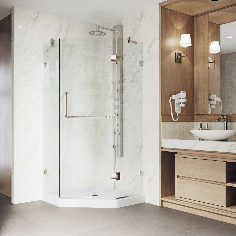 VIGO Piedmont Frameless Hinged Neo-Angle Shower Enclosure, Brushed Nickel, 36" D X 36" W, Low Base
