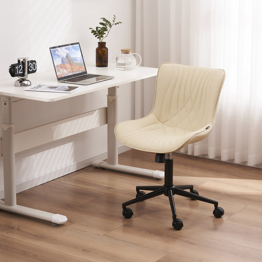 Younike Armless Upholstered Faux Leather Rolling Office Chair, Beige