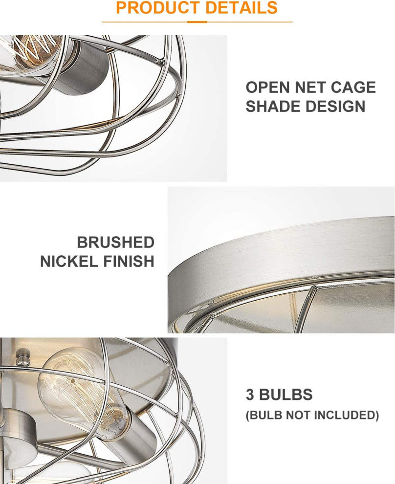 3 Light Flush Mount Ceiling Light, Cage, Ceiling Light, Nickel Finish