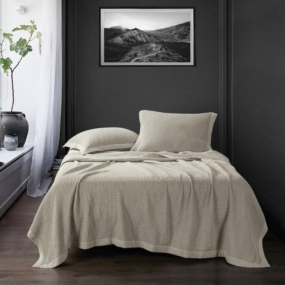 Waffle Weave Cotton Coverlet Set, 3 Piece, Light Tan, Queen