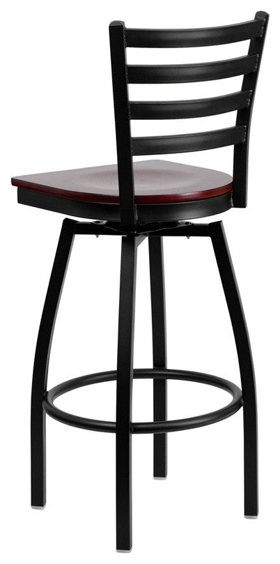 HERCULES Series Black Ladder Back Swivel Metal Barstool, Mahogany Wood Seat