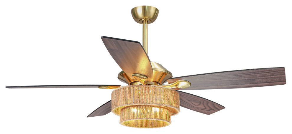 52 in Farmhouse Brushed Gold Ceiling fan with Hemp Rope Shade