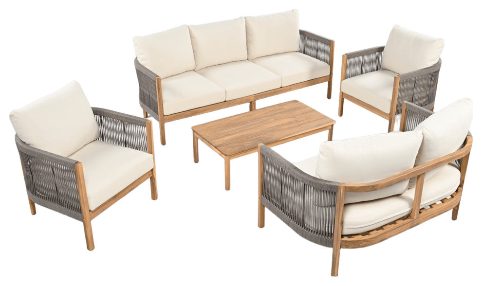 GDF Studio Outdoor 5-Piece Acacia Wood Patio Chat Set, Teak/Gray/Beige