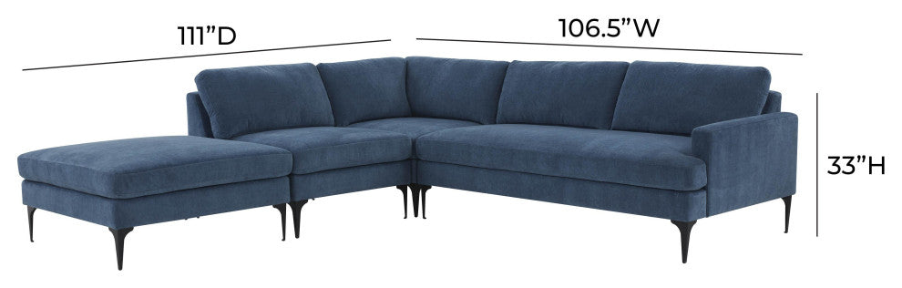 Serena Blue Velvet Large Left Arm Facing Chaise Sectional With Black Legs
