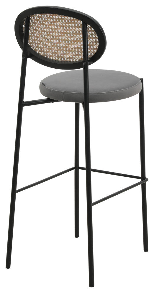 LeisureMod Euston Wicker Bar Stool With Black Steel Frame and Footrest, Gray