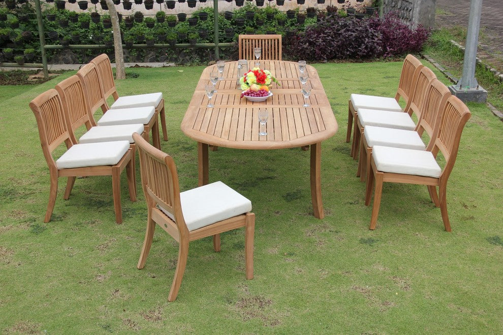 11-Piece Teak Dining Set, 117" Extn Oval Table, 10 Arbor Stacking Armless Chairs