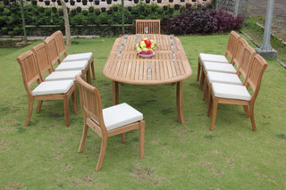 11-Piece Teak Dining Set, 117" Extn Oval Table, 10 Arbor Stacking Armless Chairs