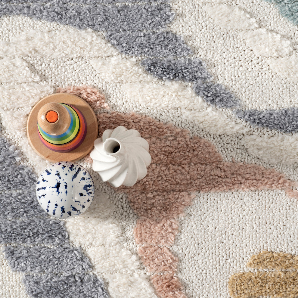 Nuloom Abstract Striped Kids Tassel Area Rug, Beige 5'x8'
