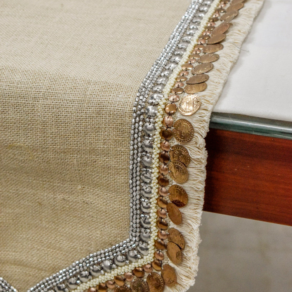 Decorative Table Runner Beige Burlap 16"x108", Lace, Bead, Sequins Marima