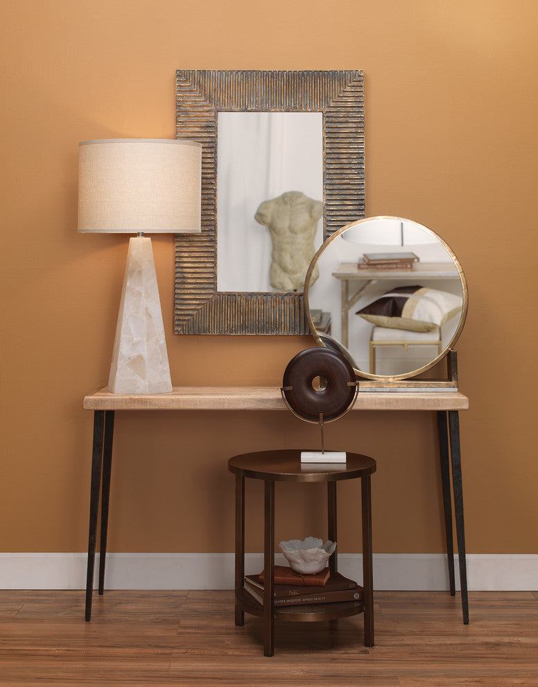 Borealis Hexagon Table Lamp, Alabaster With Large Drum Shade, Stone Linen