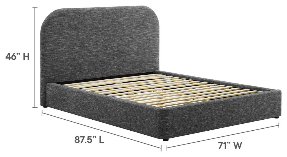 Keynote Upholstered Fabric Curved Queen Platform Bed, Heathered Weave Slate