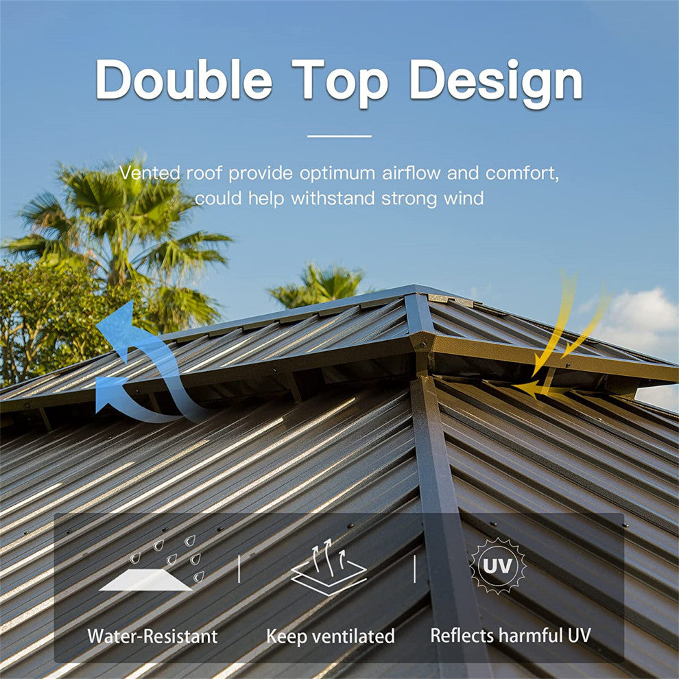 Hardtop Gazebo, Aluminum Frame Canopy with Galvanized Steel Double Roof, Yellow Brown
