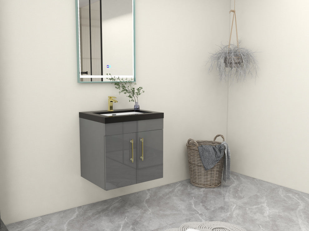 Rosa 24" WALL MOUNTED Modern Vanity, High Gloss Gray, Matt Black Top