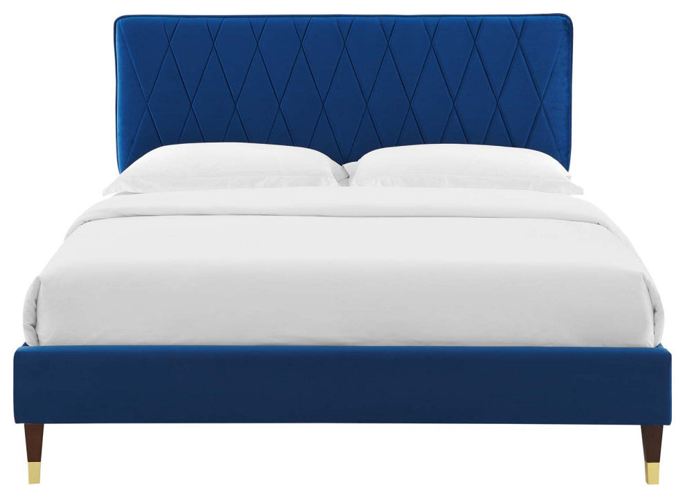 Platform Bed Frame, Queen Size, Velvet, Blue Navy, Modern Contemporary, Bedroom