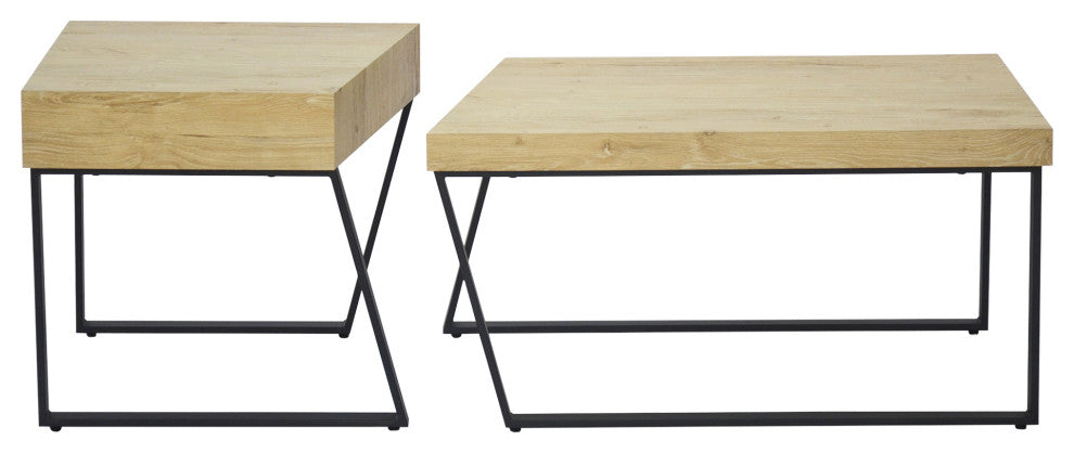 Benzara UPT-266260 Wooden Coffee Table With Metal Frame, Oak Brown and Black