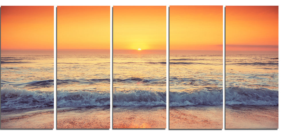 Yellow Cloudscape over Seashore, Large Beach Canvas Wall Art, 60"x28", 5 Panels