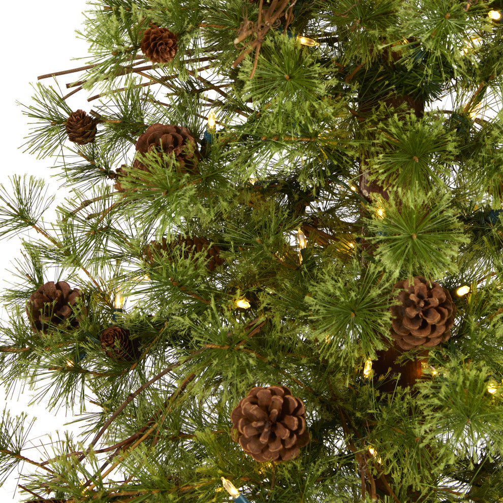 6' Wyoming Alpine Faux Xmas Tree W/ Clear Lights & Pine Cones on Natural Trunk