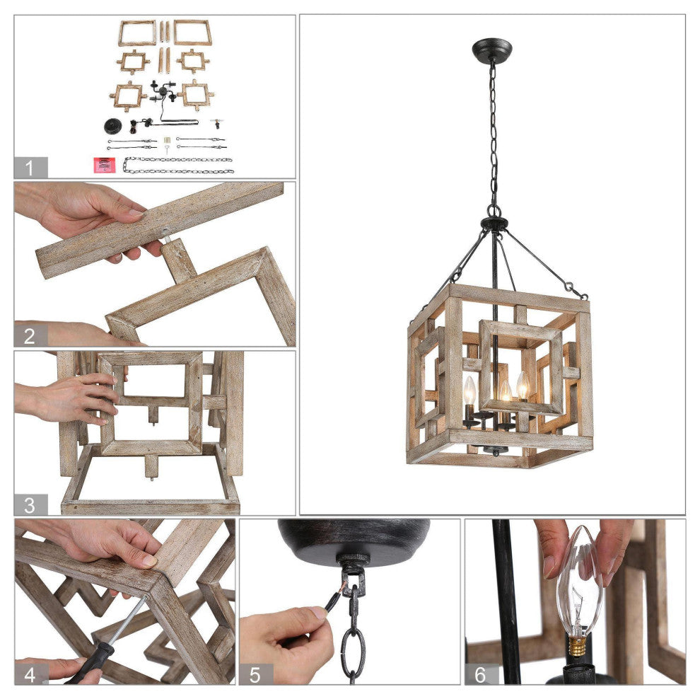 4-Lights Bruched Farmhouse and White Wood Chandelier For Living Room