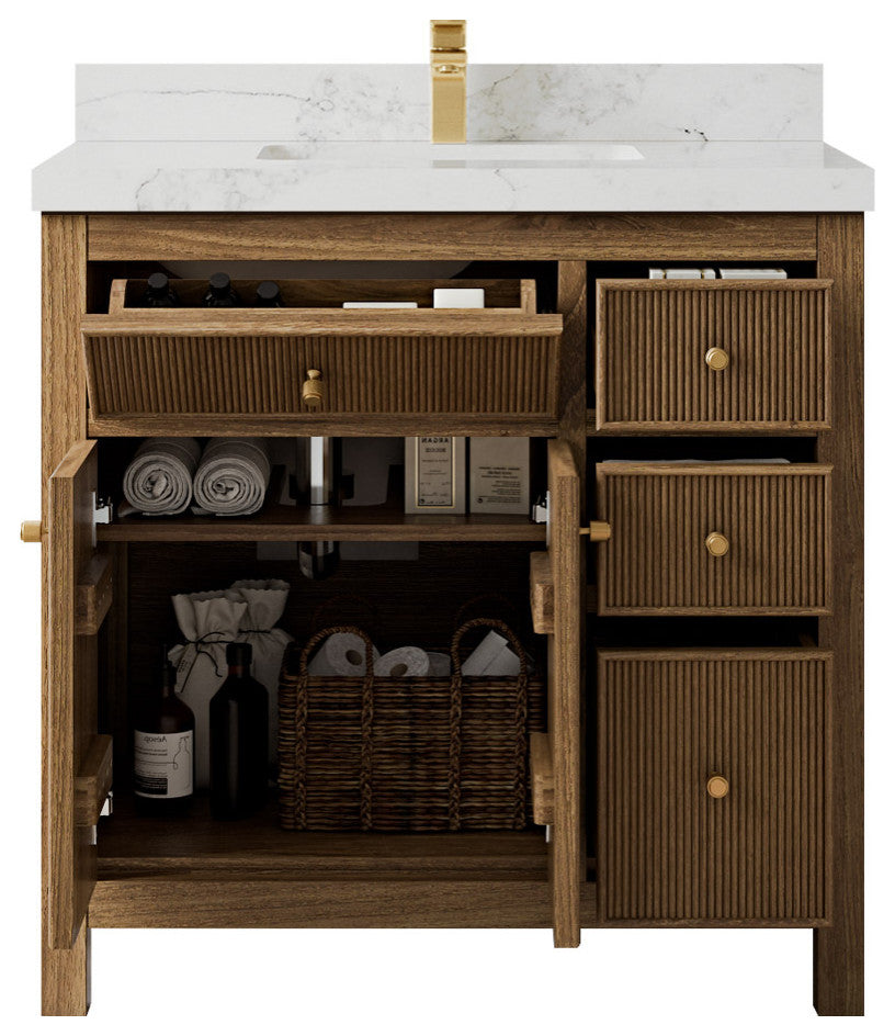 Sonoma Teak 36 Center Sink Bath Vanity in Dark Natural with 2" Calacatta Nuvo