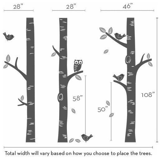 Birch Tree With Owl and Birds Wall Decal, Color Scheme C