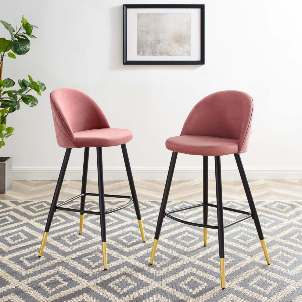 Bar Stool Chair Barstool, Set of 2, Velvet, Metal, Pink, Modern, Bar Pub Bistro