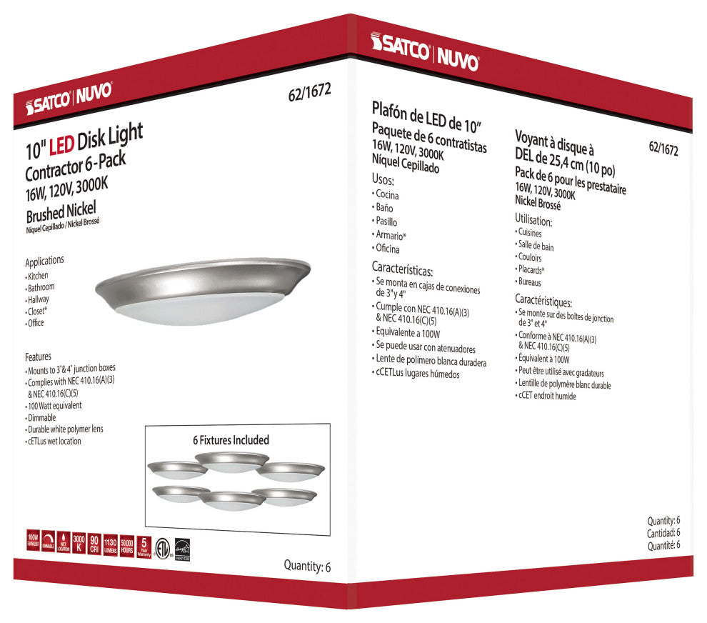 10 inch - LED Disk Light - 3000K - 6 Unit Contractor Pack - Brushed Nickel Finis