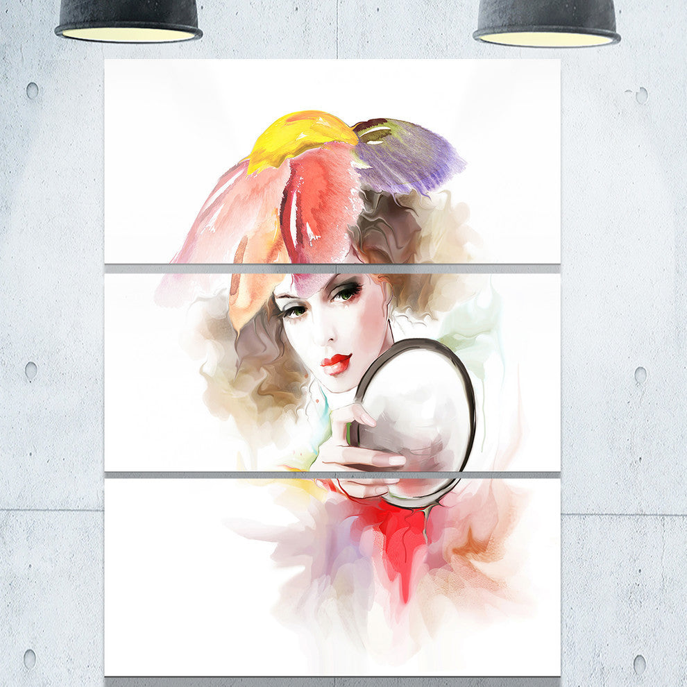 "Woman With Mirror" Digital Glossy Metal Wall Art, 3 Panels, 28"x36"