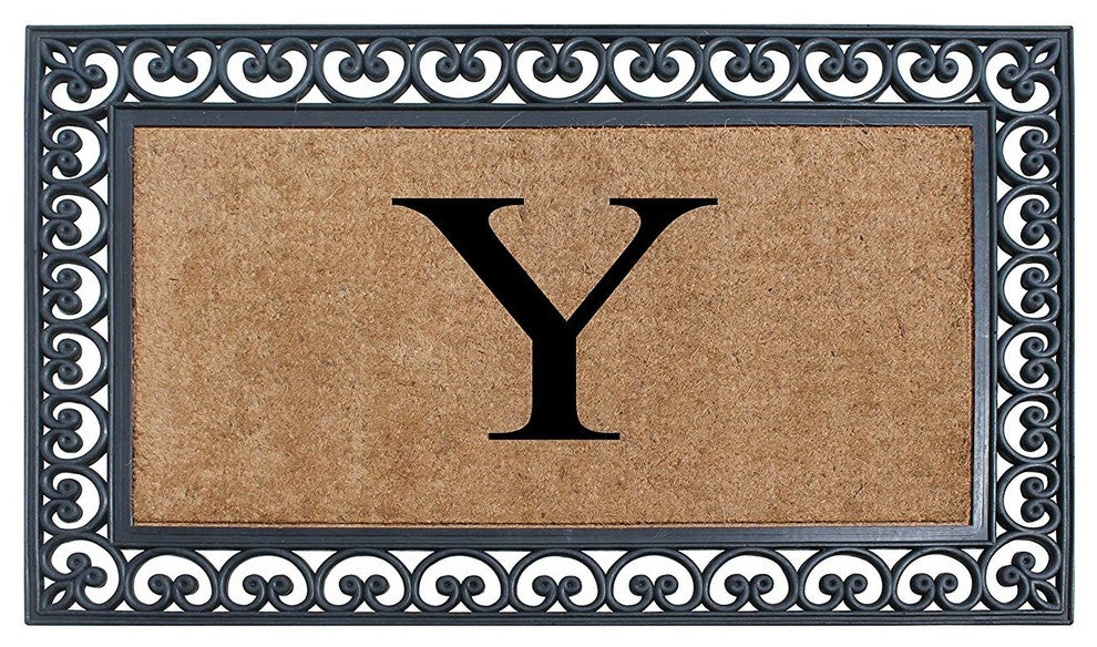 A1HC Black Rubber and Coir Paisley Border Monogrammed Double Doormat, 30"X48", Y
