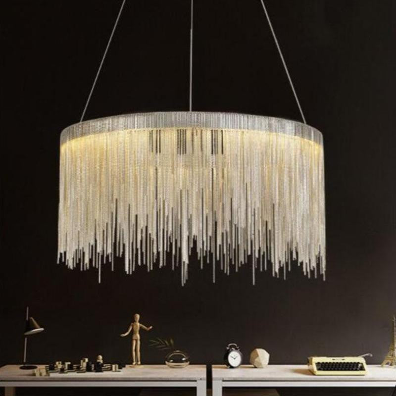 Cadena Stainless Steel Chain Tassel Chandelier, Diameter 32"