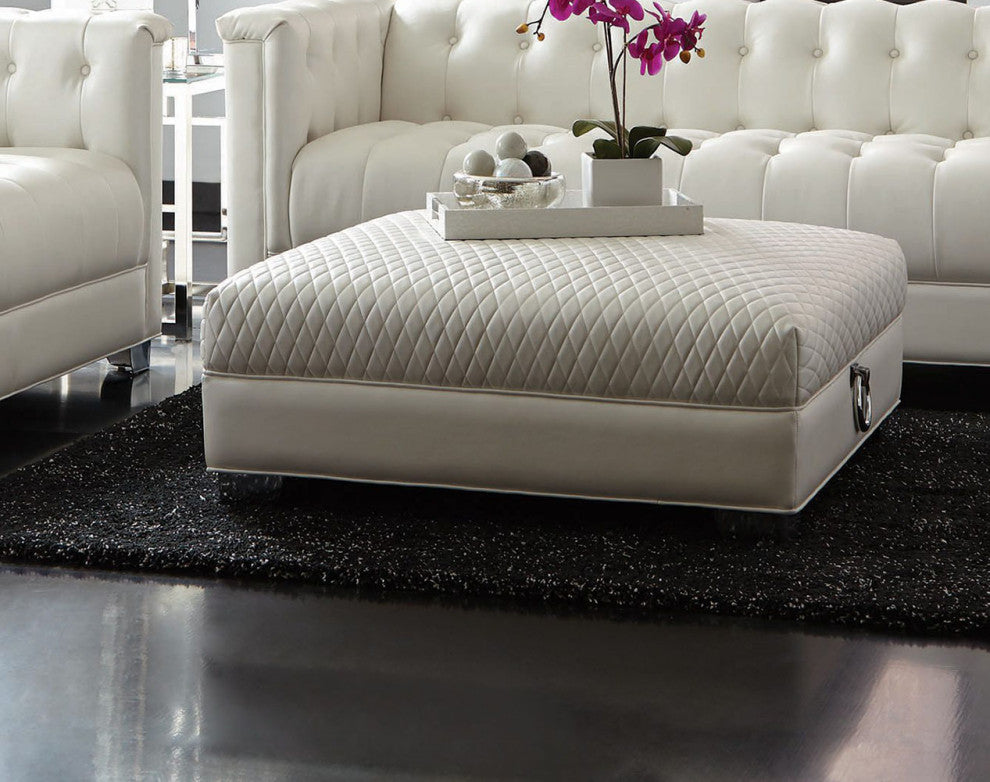 Leatherette Upholstered Ottoman with Chrome Legs, Pearl White