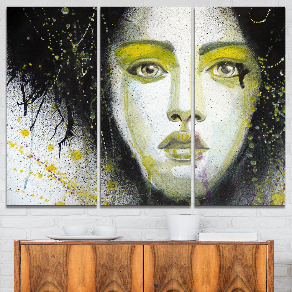 "Girl With Yellow Eye line" Digital Metal Wall Art, 3 Panels, 36"x28"