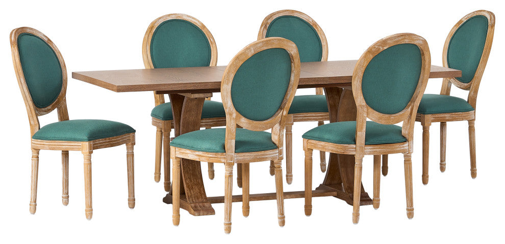 Dason French Country Fabric Upholstered Wood 7-Piece Dining Set, Dark Teal/Natural