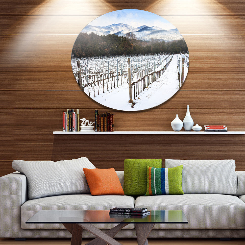 Snow Covered Vineyard Rows Italy, Landscape Round Wall Art, 11"