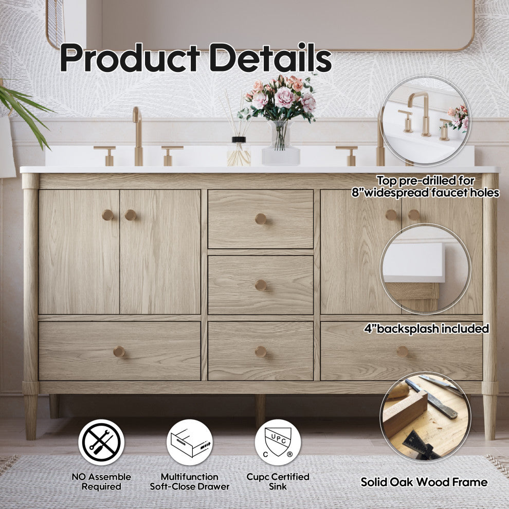 Solid Wood Bathroom Vanity with Carrara White Quartz Top in Oak, 60 Inch