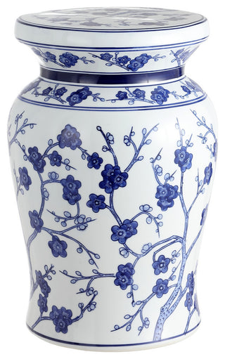 Cherry Blossom 17.7" Ceramic Garden Stool, White and Blue