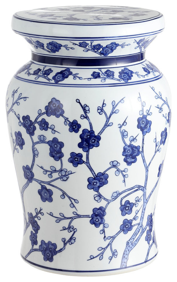 Cherry Blossom 17.7" Ceramic Garden Stool, White and Blue