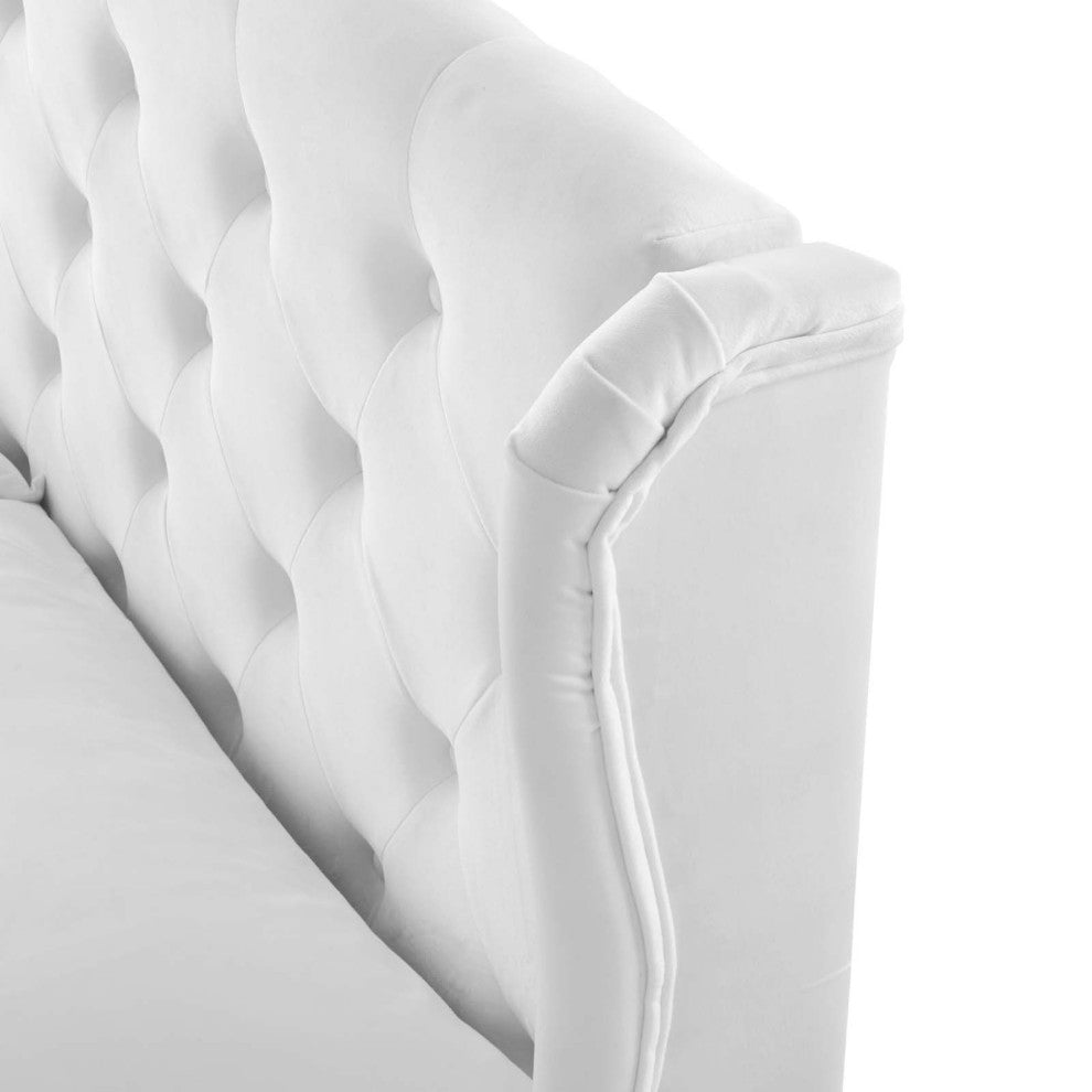 Tufted Platform Bed Frame, Queen Size, Velvet, White, Modern Contemporary