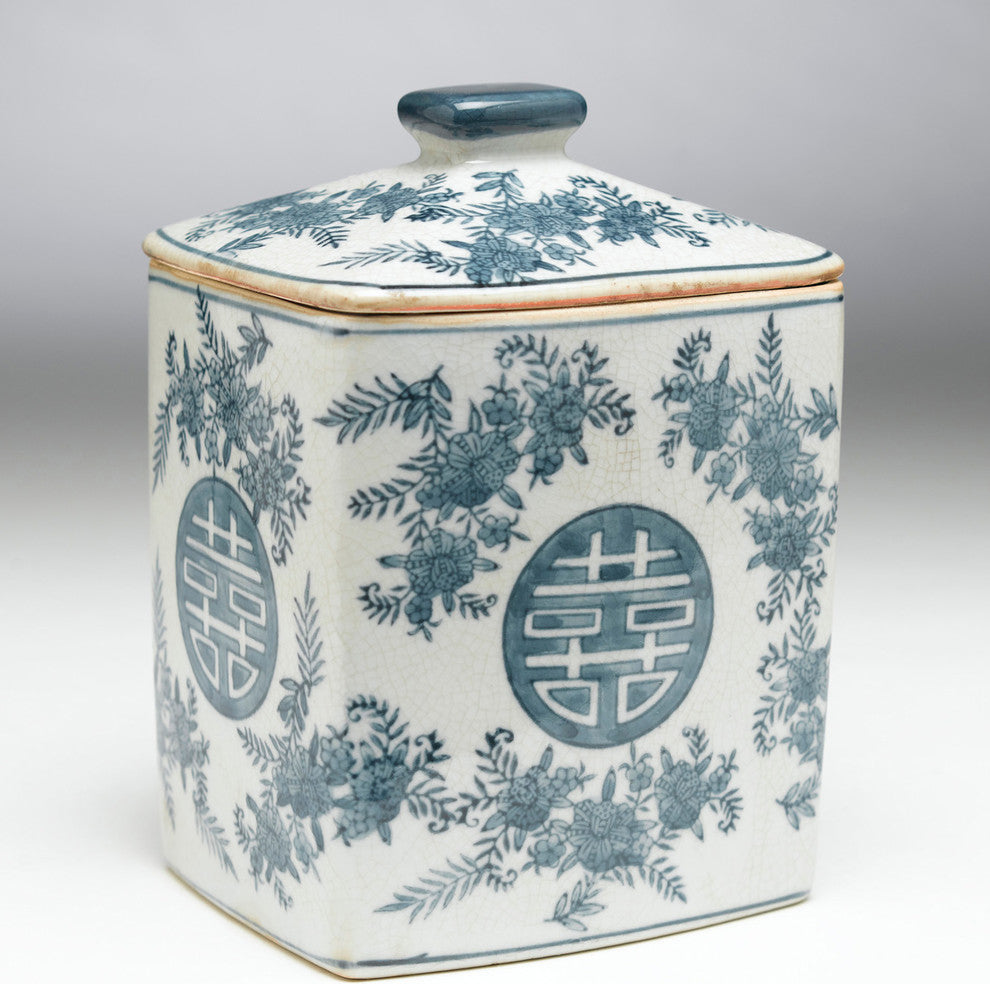 Blue and White Square Jar With Lid