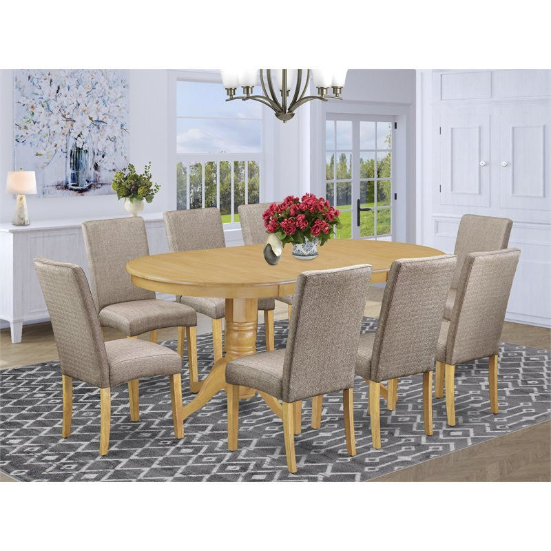 9-Piece Kitchen Set, Table With Leaf and 8-Chair Linen Fabric, Dark Khaki