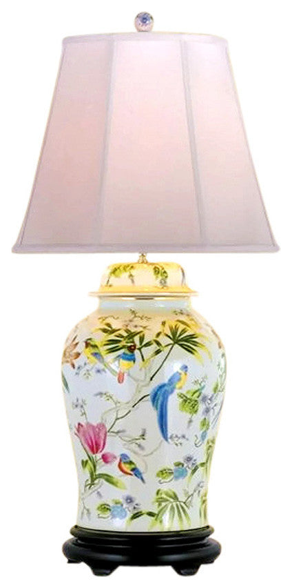 Chinese Porcelain Bird and Floral Motif Temple Jar Table Lamp 32'