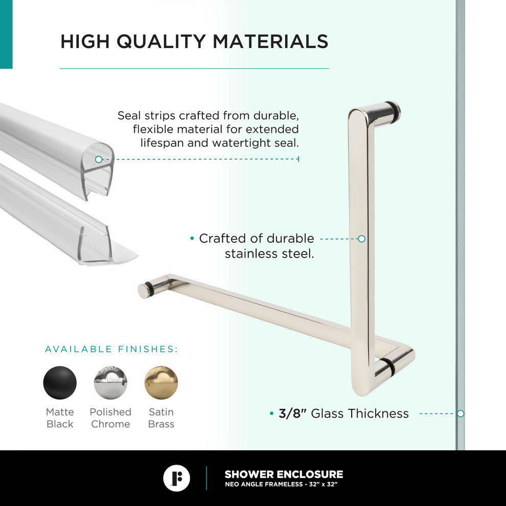 Shower Enclosure Neo Angle Frameless Tempered Glass, Polished Chrome, 30" X 30"