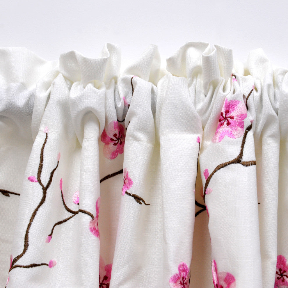 Cherry Blossom Embroidery Window Curtain Valance, Pink, 19" X 60"