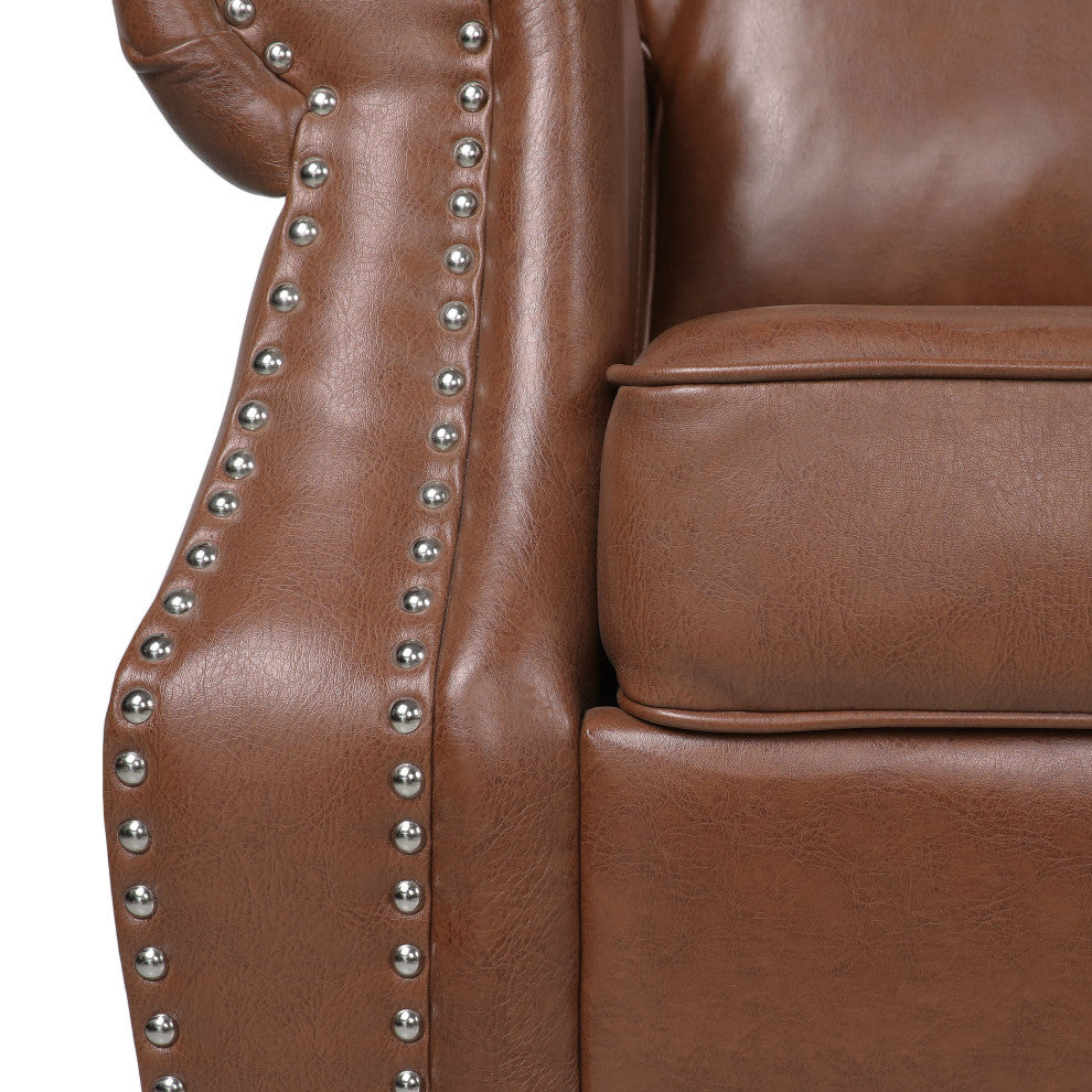 Burkehaven Contemporary Faux Leather 3 Seater Sofa With Nailhead Trim, Cognac Brown/Dark Brown