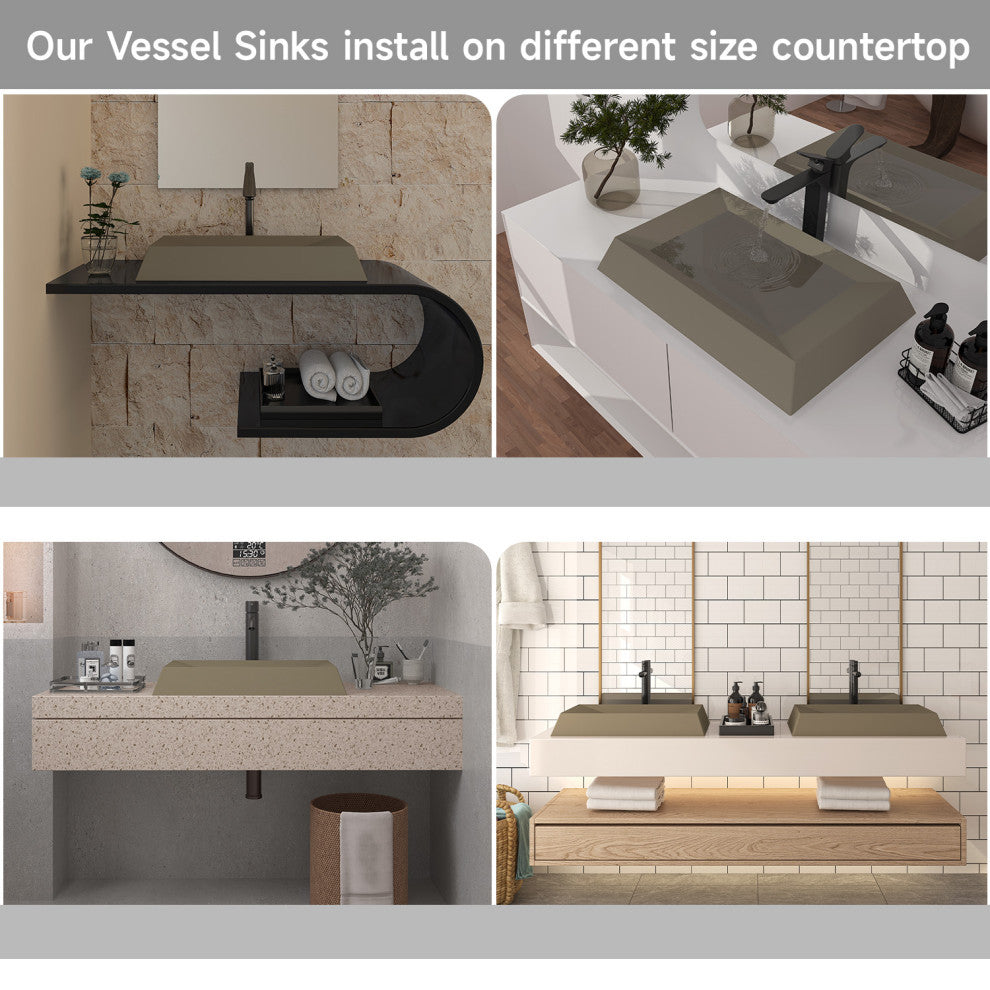 27in Bathroom Concrete Rectangular Vessel Sink with Drainer, Taupe Clay