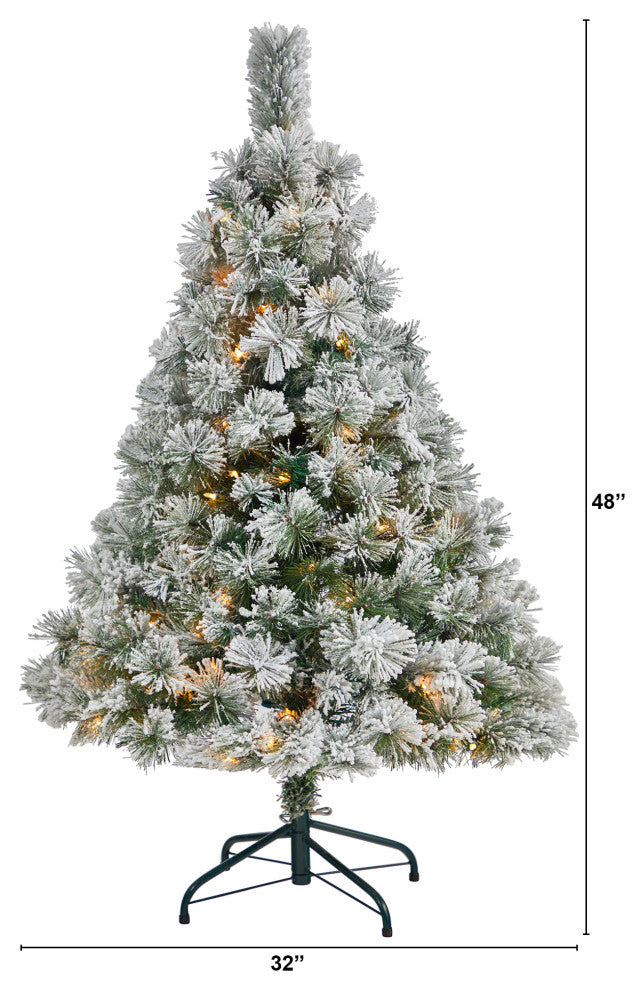 4' Flocked Oregon Pine Faux Xmas Tree W/100 Clear Lights & 215 Bendable Branches