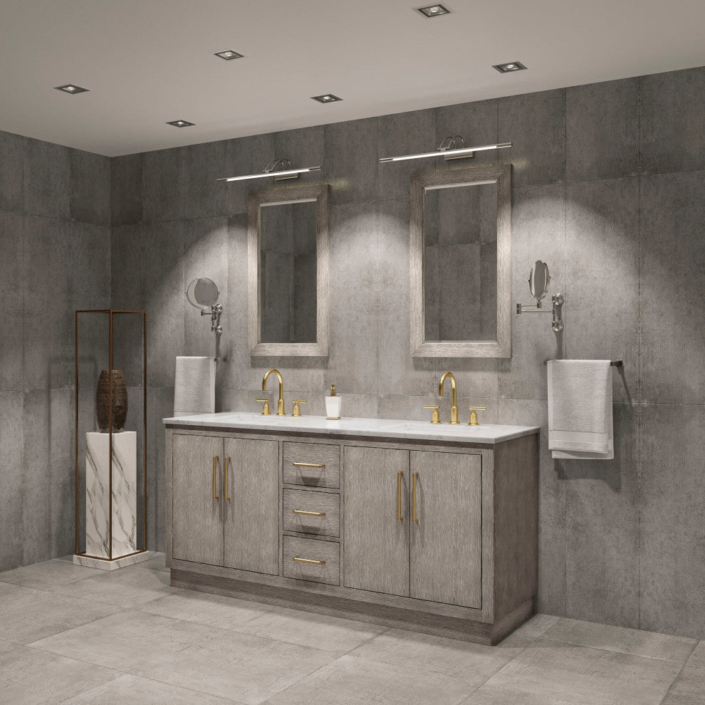 72 Double Sink White Marble Vanity, Gray Oak With Gooseneck Faucets and Mirrors